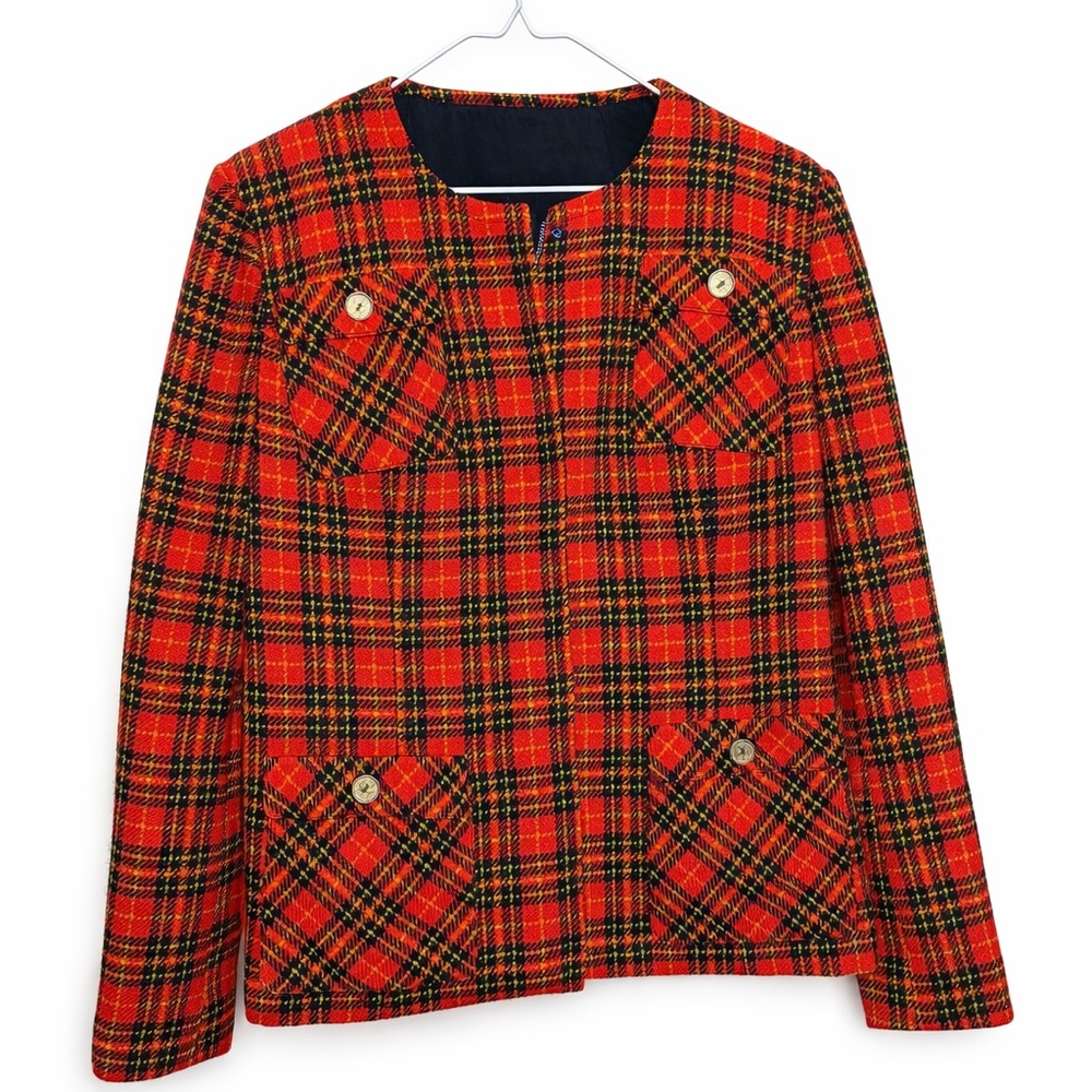 Vintage Bright Orange Tartan Plaid Wool Jacket 100% Virgin Wool